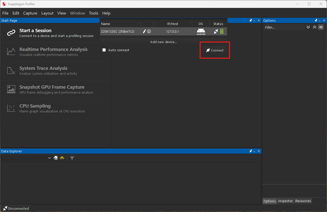 Snapdragon profiler connect device